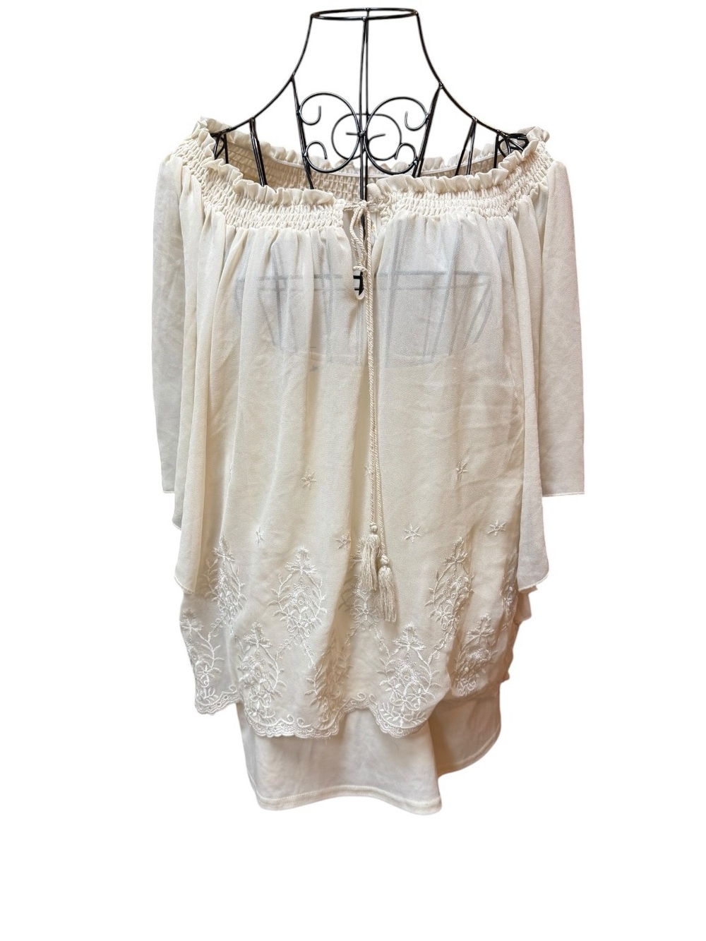Cream Embroidered Off-Shoulder Boho Peasant Top